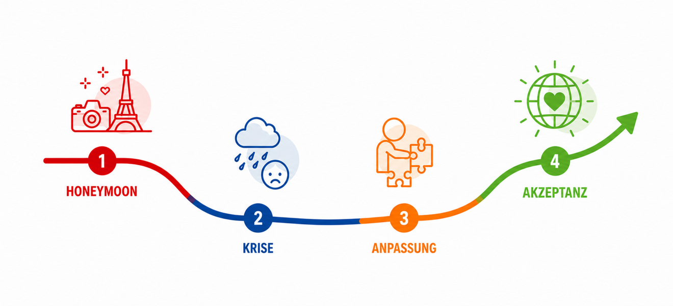 U-Kurve mit den 4 Phasen des Kulturschocks