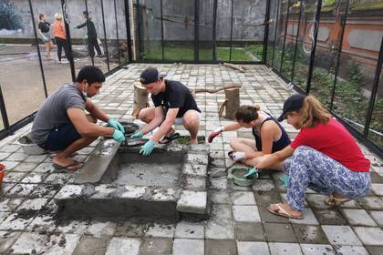 Freiwillige reinigen die Gehege