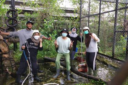 Volunteers beim Käfig Putzen