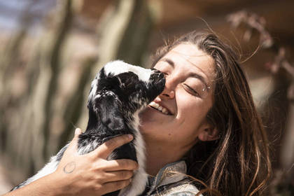 Freiwillige mit Baby-Ziege im Tierschutz Projekt