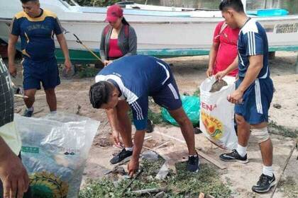 Freiwillige räumen Plastik am Strand auf